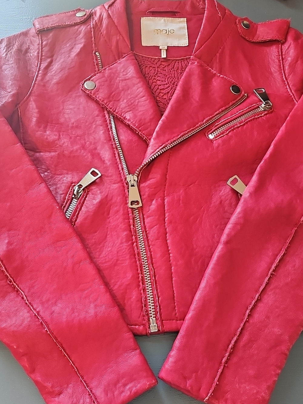 Maje Red Leather Moto Biker Jacket Womens Size 38 M‎ Cropped Embroidered Lining